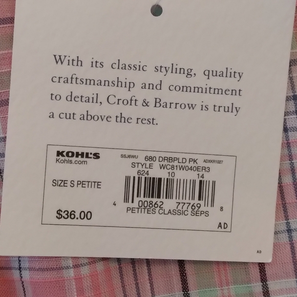 Croft & Barrow Pink Plaid Button Down Small Petite NWT - Picture 8 of 10